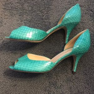 Kate Spade Turquoise snakeskin peep toe pumps